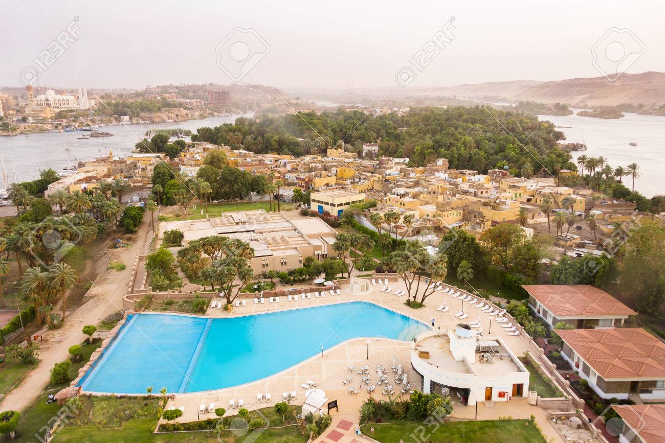 28399750 aswan elephantine island with nile river and boats Stock Photo